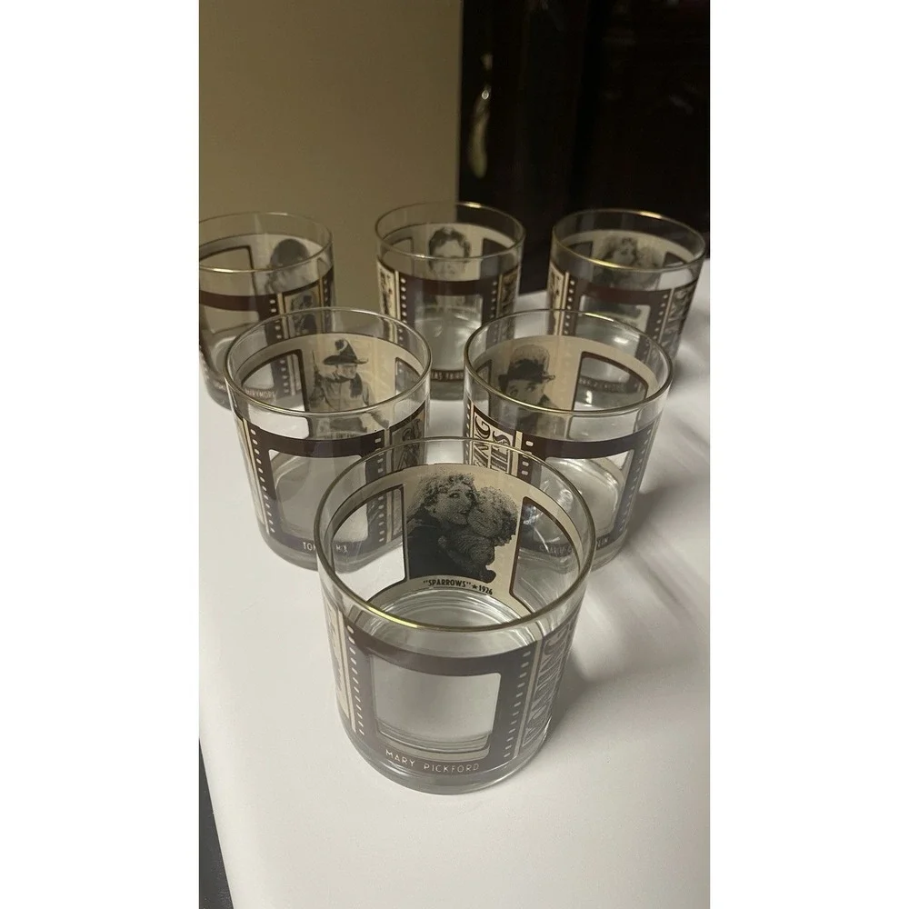 Set of 6 Vintage Roaring Twenties Hollywood 10 Oz Whiskey Rocks Glasses Gold Rim